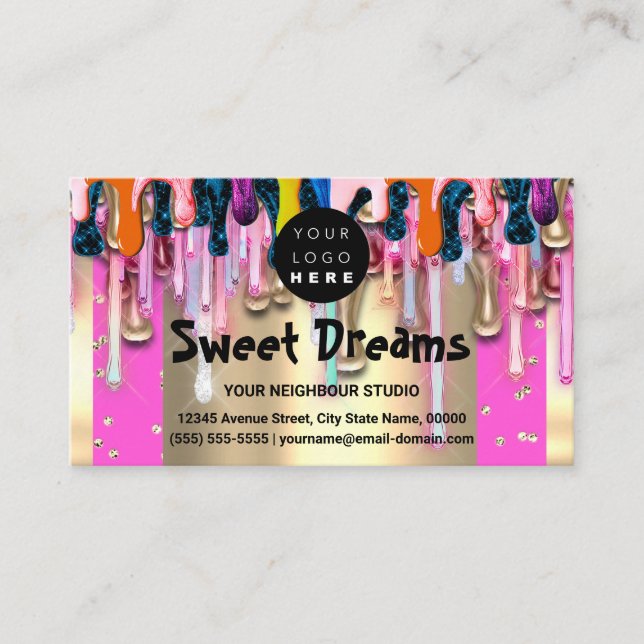 Carte De Visite Gold Glitter Confetti Holograph Pink Drip Sweets (Devant)