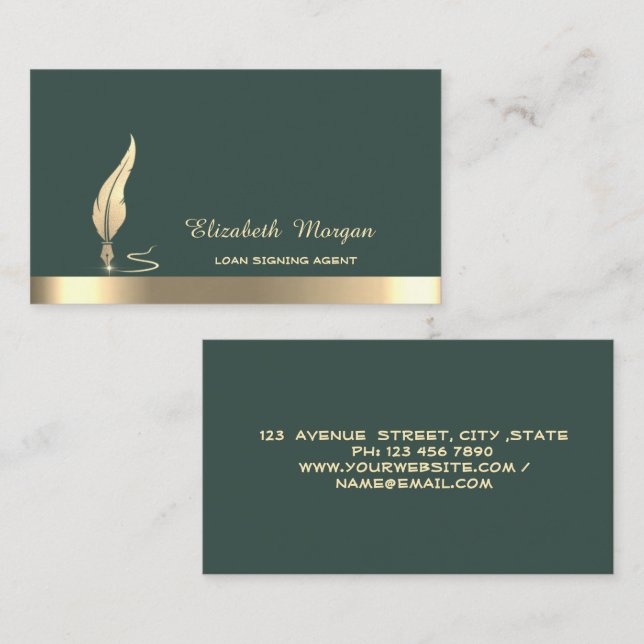Carte De Visite Gold Glitter Feather Stripe Notary Sage Green (Devant / Derrière)