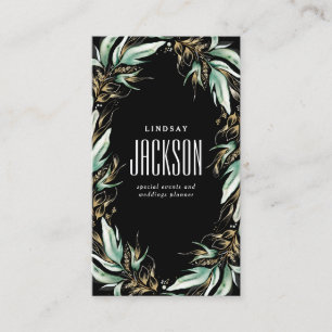 Carte De Visite Gold Green Wreath Stylish Luxe Solid Black