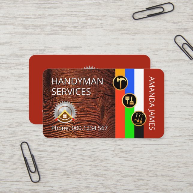 Carte De Visite Gold Handyman Icons On Stripes Timber (Devant/Arrière en situation)