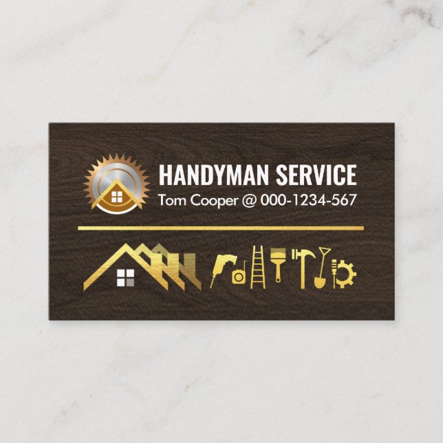 Carte De Visite Gold Home Handyman Outils sur le bois (Devant)