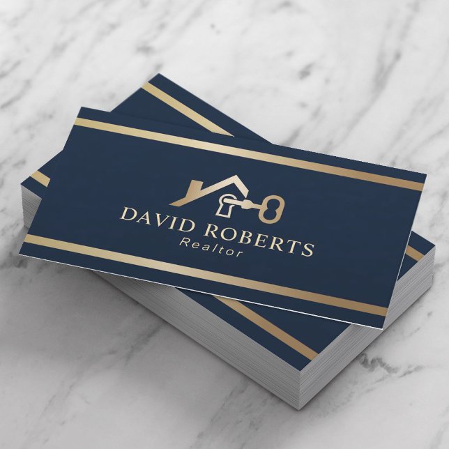 Carte De Visite Gold House & Key Logo Realtor Immobilier Marine (Créateur téléchargé)