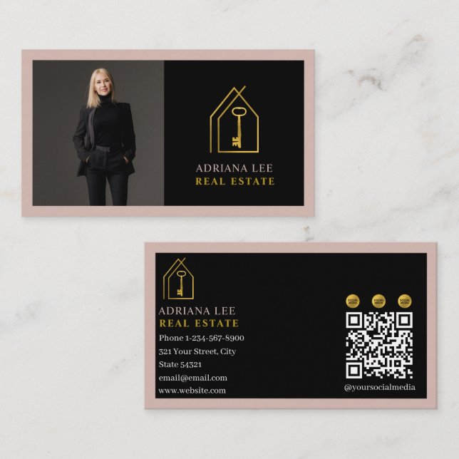 Carte De Visite Gold Key Photo Real Estate Agent QR Code Pink (Devant / Derrière)