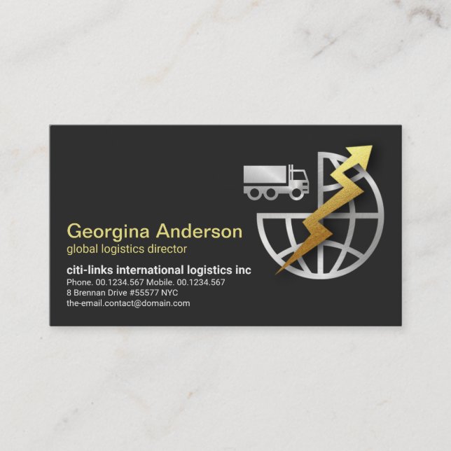 Carte De Visite Gold Lightning Silver Globe Truck Logistics (Devant)
