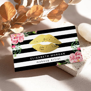 Carte De Visite Gold Lips Floral Black White Stripes Artiste maqui