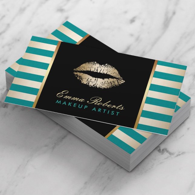 Carte De Visite Gold Lipstick Moderne Turquoise & Gold Stripes Sal (Créateur téléchargé)