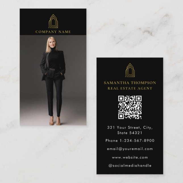 Carte De Visite Gold Logo Professionnel Photo Agent Immobilier (Devant / Derrière)