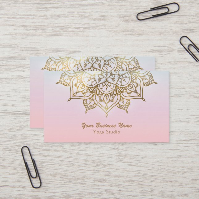 Carte De Visite Gold Mandala Peach Chic Modern Yoga Studio (Devant/Arrière en situation)