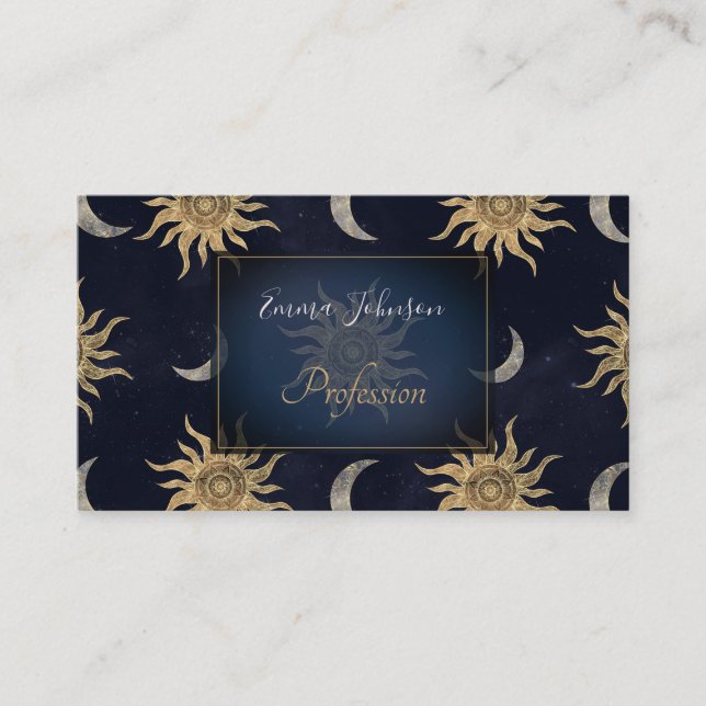 Carte De Visite Gold Moon Sun Mandala Blue Night Sky Motif (Devant)