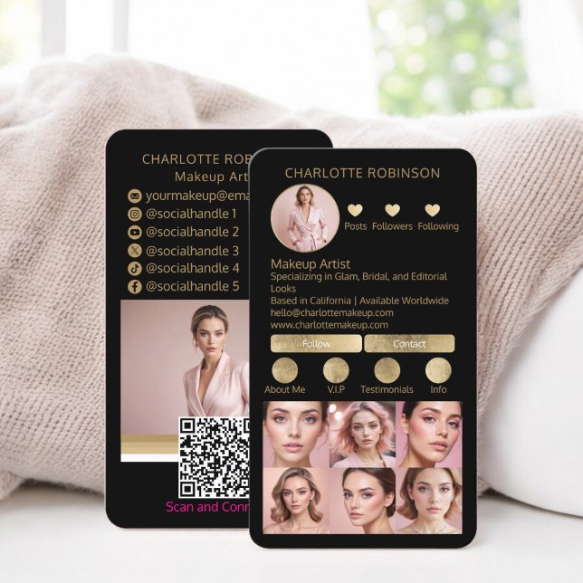 Carte De Visite Gold noir maquillage beauté Social Media Influence (Gold black Makeup beauty Social Media Influencer Business Card instagram)
