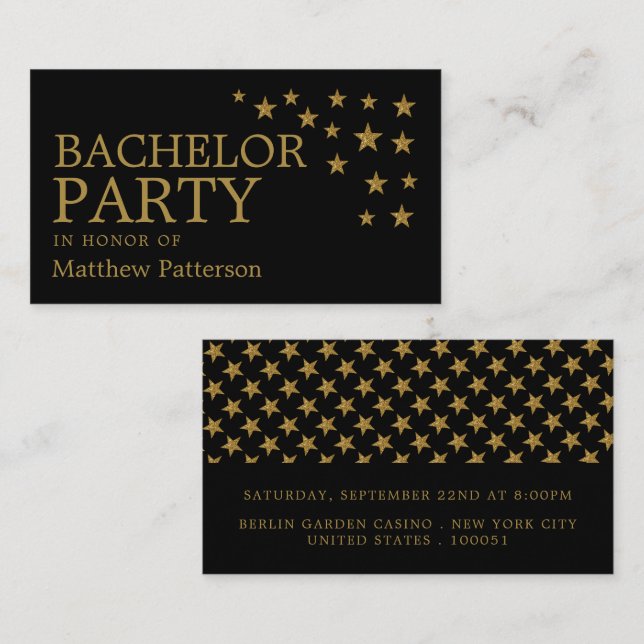 Carte De Visite Gold Parties scintillant Stars, Bachelor Party Tic (Devant / Derrière)