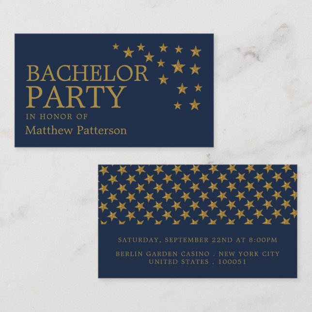 Carte De Visite Gold Parties scintillant Stars, Bachelor Party Tic (Devant / Derrière)