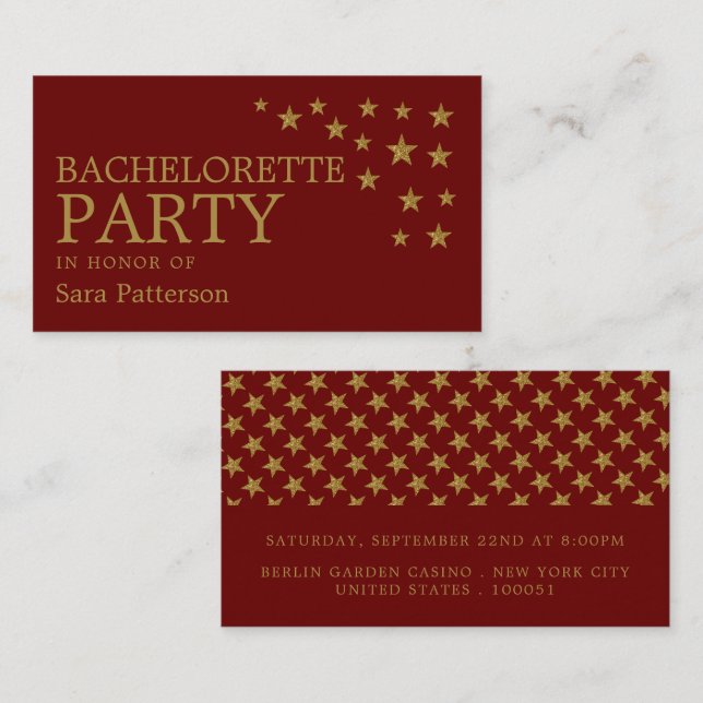 Carte De Visite Gold Parties scintillant Stars, Bachelorette Party (Devant / Derrière)