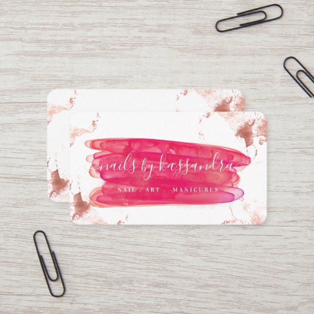 Carte De Visite Gold & Pink Clou Polonais Brush Strot & Script Nom (Devant/Arrière en situation)