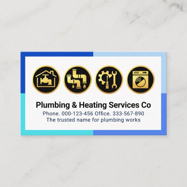 Carte De Visite Gold Plumbing Icons On Blue Frame (Devant)