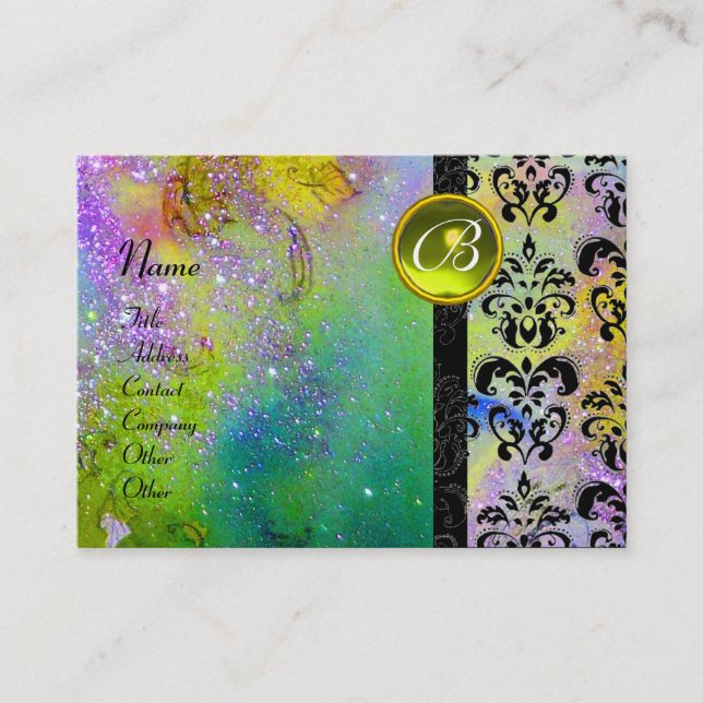Carte De Visite GOLD PURPLE SPARKLING DAMASK MONOGRAM vert jaune (Devant)