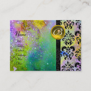 Carte De Visite GOLD PURPLE SPARKLING DAMASK MONOGRAM vert jaune