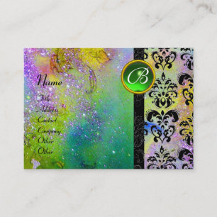 Carte De Visite GOLD PURPLE SPARKLING DAMASK MONOGRAM vert jaune