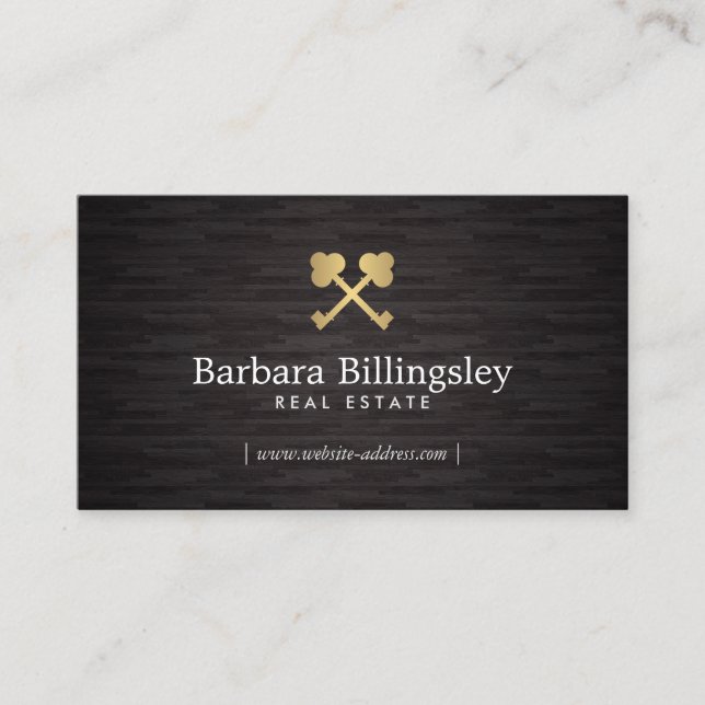 Carte De Visite Gold Skeleton Key Logo Immobilier, Broker Wood (Devant)