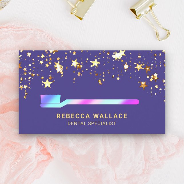 Carte De Visite Gold Stars Confetti Rose Purple Toothbrush Dentist (Créateur téléchargé)