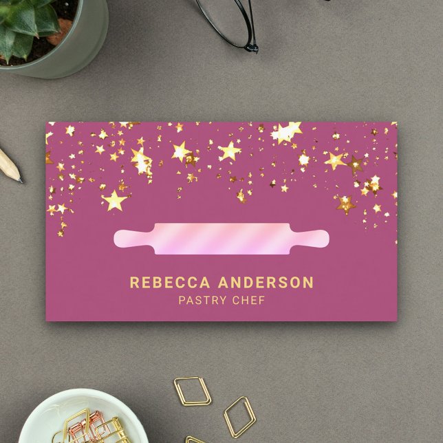Carte De Visite Gold Stars Rose Rolling Pin Pâtisserie Chef boulan (Créateur téléchargé)