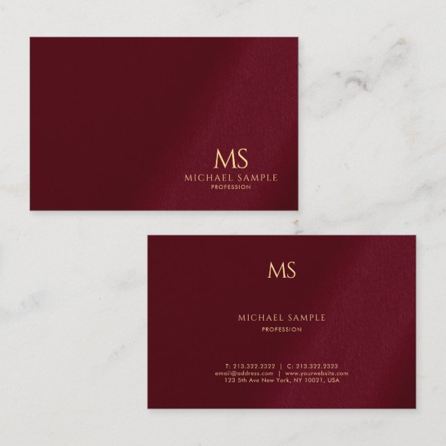 Carte De Visite Gold Text Monogram Template Luxe Bordeaux Elegant (Devant / Derrière)