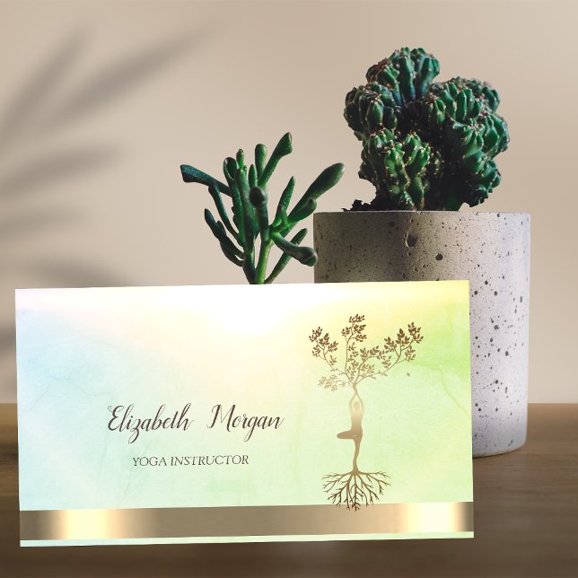 Carte De Visite Gold Tree Femmes Silhouette Green Yoga Instructeur (Créateur téléchargé)