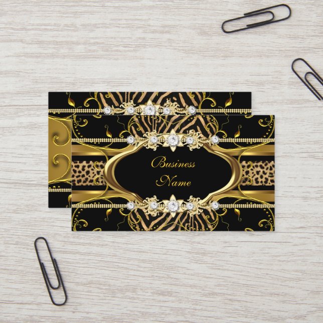 Carte De Visite Gold Zebra Leopard Black Jewel Look Image (Devant/Arrière en situation)