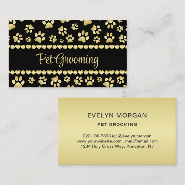 Carte De Visite Golden Paw Prints on Black with Custom Name (Devant / Derrière)
