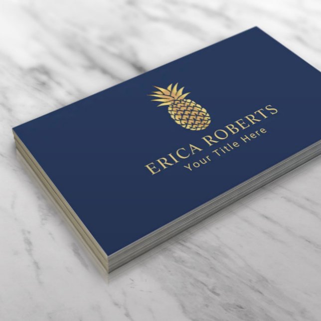 Carte De Visite Golden Pineappy Logo Elegant Navy Blue (Créateur téléchargé)