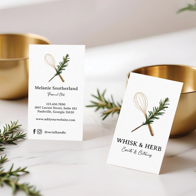 Carte De Visite Golden Whisk & Rosemary Chef personnel et restaura (Golden Whisk & Rosemary Personal Chef & Catering Business Card)