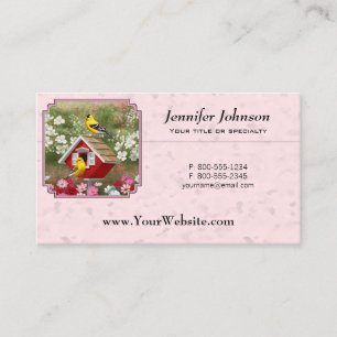 Carte De Visite Goldfinches et Red Birdhouse rose