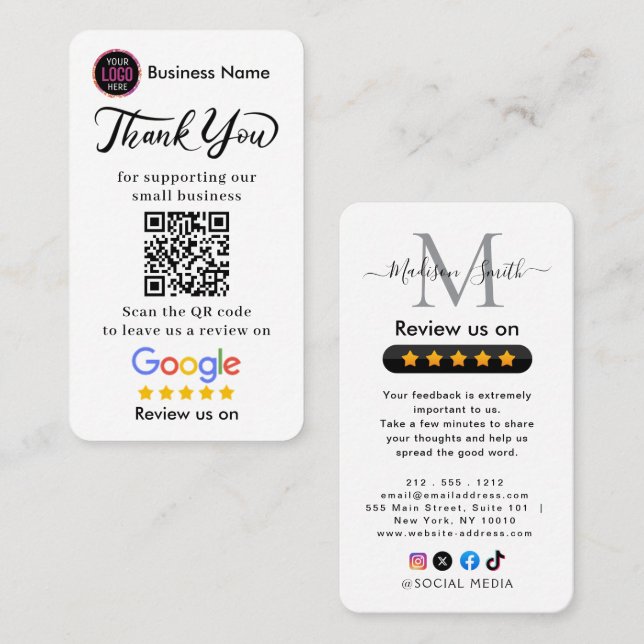 Carte De Visite Google Reviews With Thank You And QR Code (Devant / Derrière)