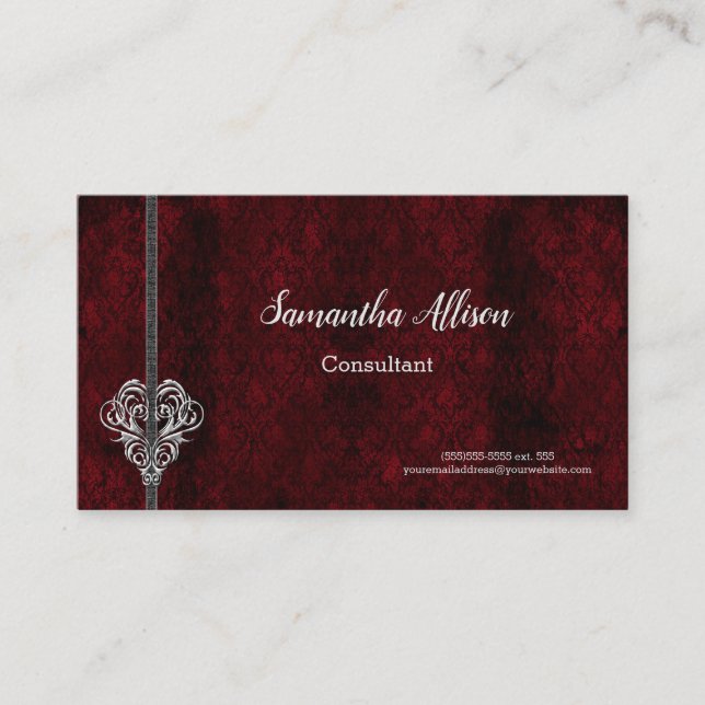 Carte De Visite Goth Red Damask Coeur argenté (Devant)