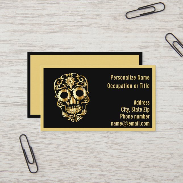 Carte De Visite Gothic Gold Skeleton Skull on Black  (Devant/Arrière en situation)
