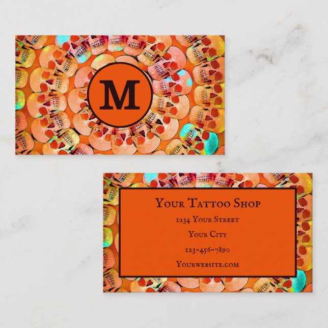 Carte De Visite Gothique Crâne Orange Black Pop Art Motif Monogram (Devant / Derrière)