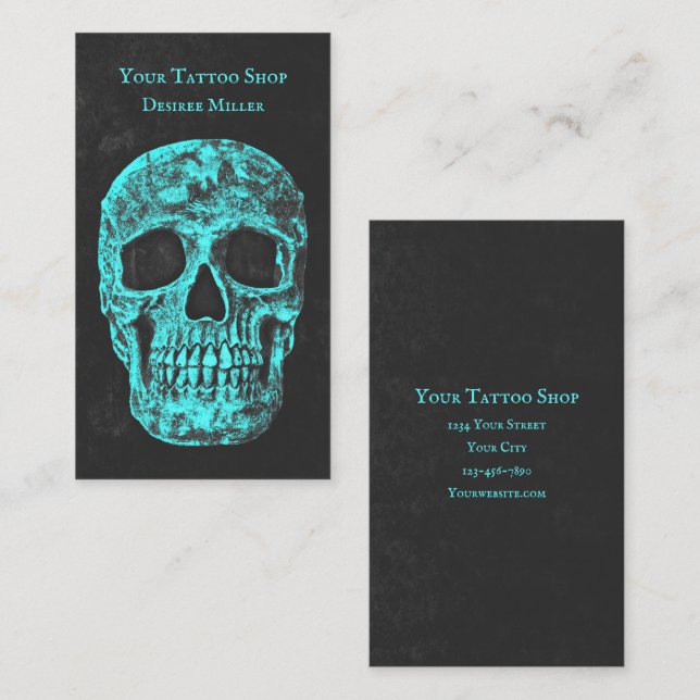 Carte De Visite Gothique Crâne Turquoise Grunge Tattoo Shop (Devant / Derrière)