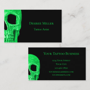 Carte De Visite Gothique Crâne visage Neon vert Tattoo Shop noir