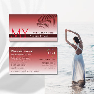 Carte De Visite Gradient rouge vin avec Monogramme et logo feuille