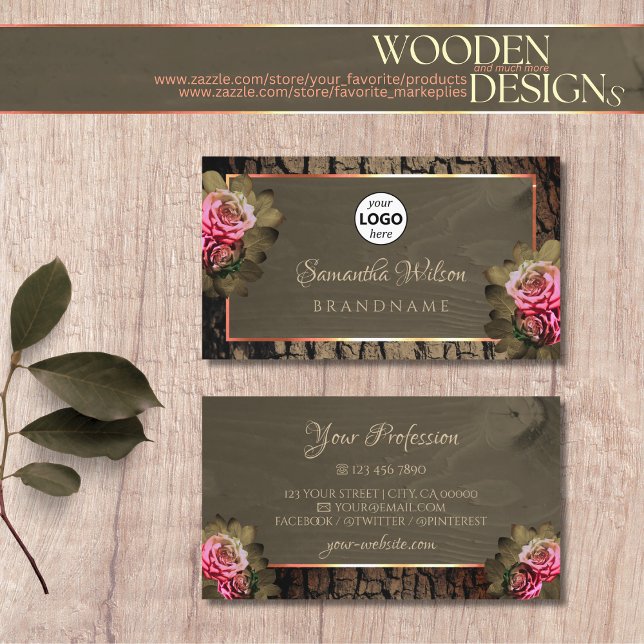 Carte De Visite Grain en bois foncé Brown Roses roses roses Arbre  (Créateur téléchargé)