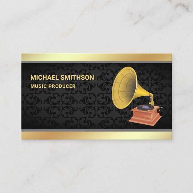 Carte De Visite Gramophone Black Damask Gold Foil (Devant)