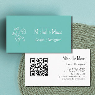 Carte De Visite Graphic Designer QR code Trendy Daisy Turquoise