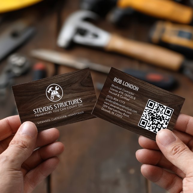 Carte De Visite Gras Dark Wood Construction QR Code Entrepreneur (Bold Dark Wood Construction QR Code Contractor Business Card)