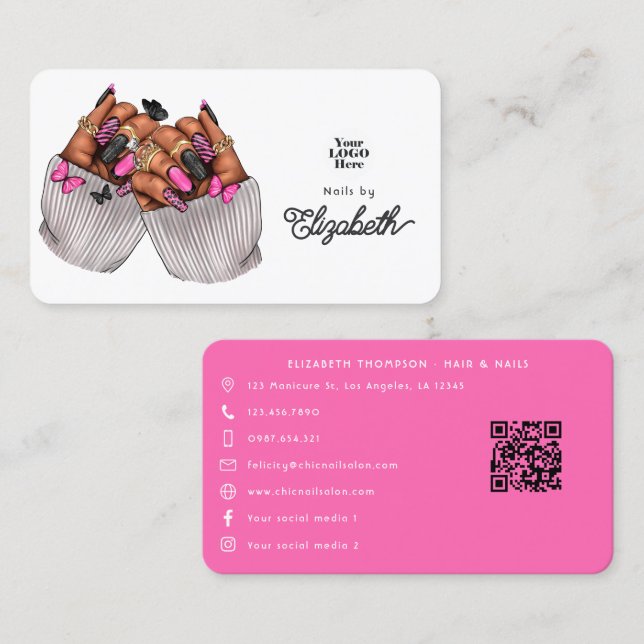 Carte De Visite Gras Hot-Pink & Black African American Nail Salon (Devant / Derrière)
