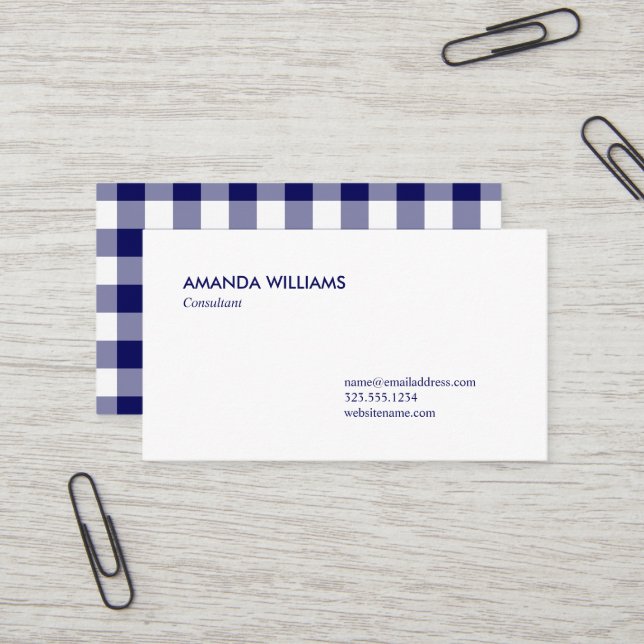 Carte De Visite Gras Marine bleu et blanc Buffalo Plaid Motif (Devant/Arrière en situation)