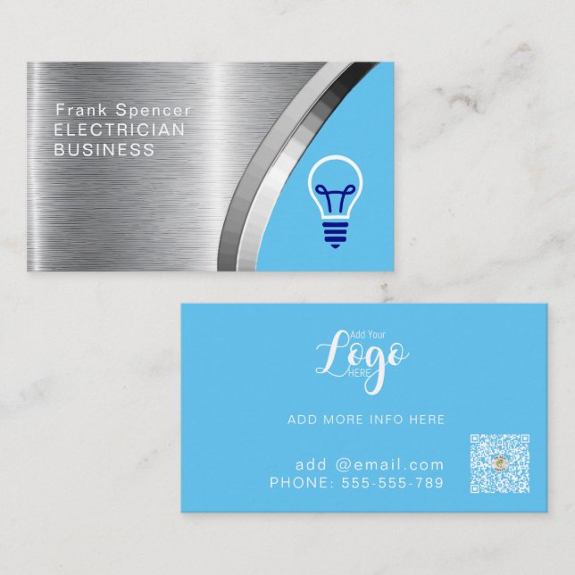 Carte De Visite Gras Metallic Bleu & Silver Electrician Business (Devant / Derrière)