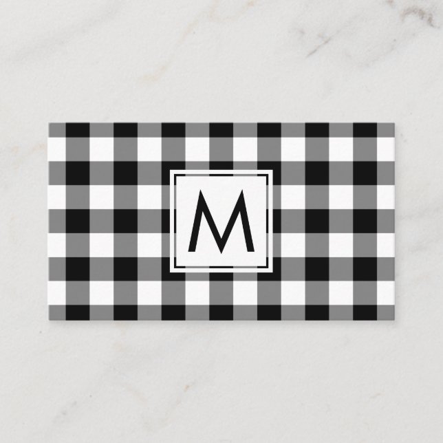 Carte De Visite Gras noir blanc Buffalo Plaid Motif Monogramme (Devant)