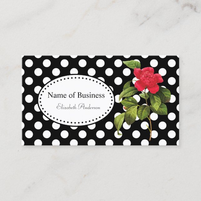 Carte De Visite Gras noir et blanc Pois Chic Camellia rouge (Devant)
