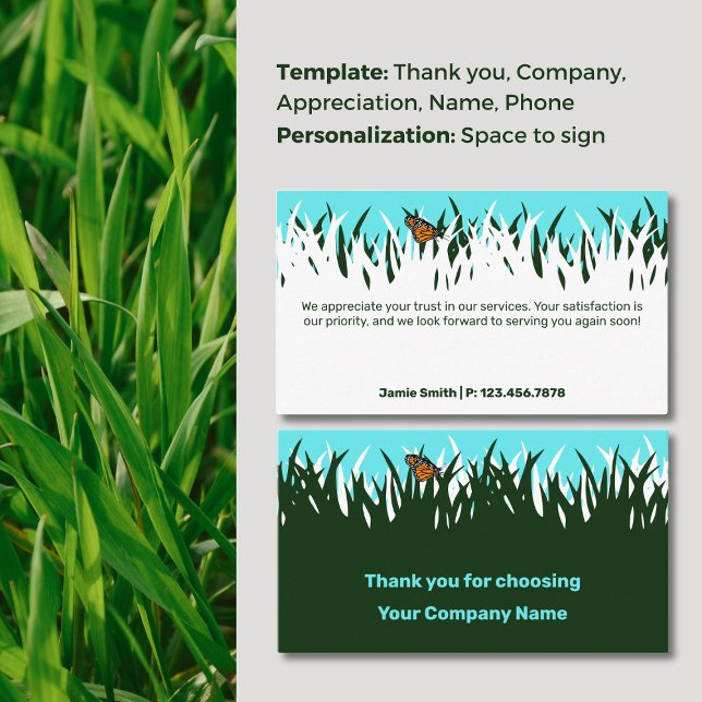 Carte De Visite Gratitude de la nature : 🦋 Merci à papillon 🌿 pe (Nature's Gratitude: 🦋Lawn Butterfly Thank You Business Card, Space to Sign, Thank You For Choosing)