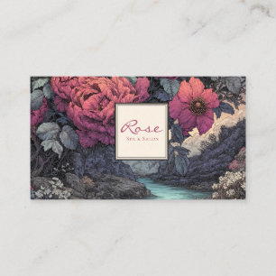 Carte De Visite Gravure Ancienne Pivoine Magenta Paysage de Rivièr